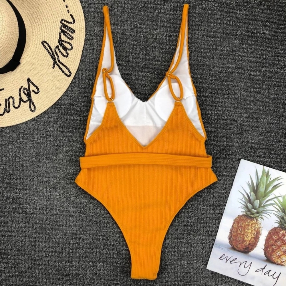 New Ribbed Deep V-neck Belted One Piece Swimsuit - Picture 7 of 7